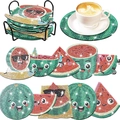 DIY diamond painting coasters set with cartoon watermelon designs and black metal holder - XIN029 Watermelon Expressions / No Stand/OPP Bag