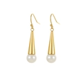 Elegant gold drop earrings with white pearls, pair displayed on a clean white background - T-Bar Single Pearl Style (E1616-GO)