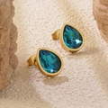 Elegant gold drop earrings with multifaceted deep blue gemstone on a neutral stone base - Deep Blue Teardrop Stud Earrings (BD514-blue)