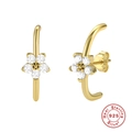 Gold plated S925 sterling silver curved bar earrings with sparkling zircon flowers - Gold Flower Stud Earrings-Style 1