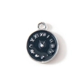 Ciondolo orologio in lega smalto nero con numeri romani d'argento e anello superiore - Placcato Argento Nero (Doppia Faccia)