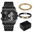 Men's gift set with black multi-timezone quartz watch and metallic cuban bracelets - 9315 Black Black Bracelet Collection