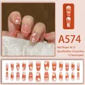 Peach gradient press-on nails with white flower accents and minimalist lines, 24pcs set - Peach Gradient Small Flower (A574)
