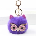 Purple faux rabbit fur owl keychain with gold glitter eyes and metallic ring - 8cm / Violet