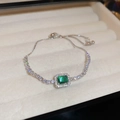Adjustable silver bracelet with rectangular emerald-cut green stone and zircon halo - Silver Green Square Zirconia (5076371384516)
