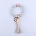 Grey marble bead wristlet keychain with wooden hexagon bead and leather tassel - Marble White