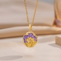 Collier avec pendentif lotus vintage français en émail violet et jaune doré - Violet