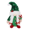 Gnomo di Natale verde con paillettes peluche con bastoncino di zucchero e campanelli - Gnomo con Trecce e Cappello di Paillettes Verdi