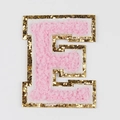 Pink chenille embroidered letter E patch with gold glitter borders for DIY accessories - Letter E