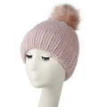 Pink knit beanie for women with colorful rhinestones and a large faux fur pompom - Adult / Beige