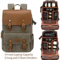 Grey canvas DSLR camera backpack with leather straps and 14-inch laptop compartment - Integrated Small Size / Army Green