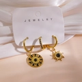 Detailed view of 14K gold plated earrings set with natural black stone on jewelry card - Black Gemstone Sun Pattern Style (Card E) / 3 Piece Set