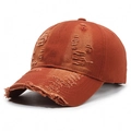 Distressed burnt orange baseball cap with vintage frayed holes and washed cotton texture - Adjustable / Orange