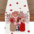 Camino de mesa de San Valentín con diseño de corazones y rosas en lino blanco - Ilustración de San Valentín-VT003
