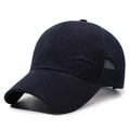 Dark blue mesh baseball cap with camouflage print and sport embroidery on a white background - Adjustable / Navy Blue