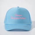 Light blue trucker hat with pink Choose Happiness embroidery and breathable mesh back - One Size / Sky Blue