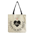 Detailed view of Nurse Week printed tote bag with heart patterns and black handles - Happy Nurse Week English Style (hm6964)