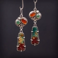 Vintage Nepal style sterling silver geometric earrings with colorful enamel and gemstones - Red