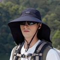 Navy blue wide brim outdoor sun hat with neck flap and sport patch for hiking - Black