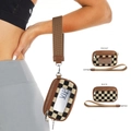 Wristlet card holder with black checkered pattern and transparent ID window - Checkerboard Brown
