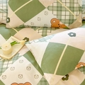Minimalist green and beige plaid pillowcase set with cute cartoon bear and flower patterns - Green Plaid Bear