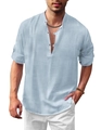 Men's light blue linen casual shirt with long sleeves and a classic Henley collar - S / Tops / Sky Blue