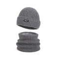 Winter thermal knit beanie and neck warmer set with soft fleece lining in dark grey - Two-Piece Set / Gray