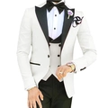 Three-piece suit featuring white black-lapel blazer, white vest, and black trousers - White