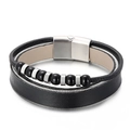 Men's double-layer black leather charm bracelet with polished silver magnetic buckle - Steel Color (KB146907-KLHQ)