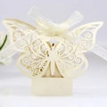 Ivory white butterfly laser cut wedding favor box with a matching ribbon bow - Jewelry Star/Beige
