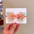 Pair of pink floral Hanfu hair clips with white faux pearl tassels for girls - Pink Lady Pearl Tassel