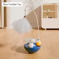 Blue cat tumbler toy featuring a flexible wand with white feathers and interactive bells - Blue