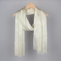 Light gold lightweight scarf with shimmer metallic yarn and elegant long fringe - Beige Silver