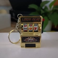 Mini golden lucky slot machine keychain with a red lever and classic fruit symbols - Gold + Flat Ring / Minimum Order Of 5 Pieces
