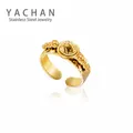 Retro golden stainless steel open ring with round sphere relief and hammered texture - Retro Relief Open Style / Gold
