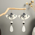 New Chinese style fan-shaped earrings with white bamboo pattern and water drop pendant - E4782/White Fan Bamboo
