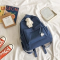 Detailed flat lay of a blue canvas backpack with cute pins and soft bear accessory - Blue with Pins and Bear Pendant