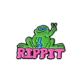 Pin's grenouille verte humoristique avec lunettes bleues et texte Rippit rose vif - Grenouille Fumeuse (QHXZ1371)