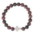 Bracelet élastique en perles de pierre naturelle 8mm avec breloque croix blanche élégante - Bracelet Rhodonite