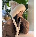 Women's winter plush trapper hat with colorful plaid knit and white faux fur ear flaps - Pearl Braid Ear Flap Hat / White