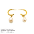 Elegant stainless steel earrings with 8x8mm freshwater pearl in 14K gold plating - Pearl Drop Earrings(YE35971)