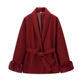 Detail of burgundy wool coat showing elegant tied waist belt and plush faux fur cuffs - S / Burgundy