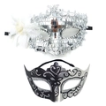Silver sequin masquerade mask with lace flower and black glitter scrollwork mask - Sequin Side Flower + Painted Mask Set [Silver]