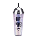 24oz iridescent pleated plastic tumbler with black straw and Girl Power text - Style D/Laser Girl Power