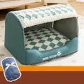 Morandi green semi-enclosed pet bed with white plush top and a blue flannel blanket - 3XL (100*75*65cm) / Flannel Blanket Style / Dian Green