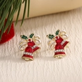 Christmas stud earrings featuring festive red and gold bells with green holly and crystals - Red Bell Holly (EAR0041)
