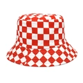 Detail van het rood-wit geblokte patroon op een canvas vissershoed voor de zon - M (56-58cm) / Rood