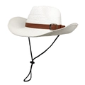 White woven straw cowboy hat with brown leather band and adjustable windproof chin strap - M (56-58cm) / Pure White