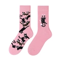 Rosafarbene Baumwollsocken mit asymmetrischen Cartoon-Katzenmustern und Illustrationen - Verspielte Katze Rosa Stil (1009)