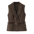 Women's dark brown double-breasted vest with high-waist pants and crocodile texture belt - XS / Tops / With Belt / Dark Brown